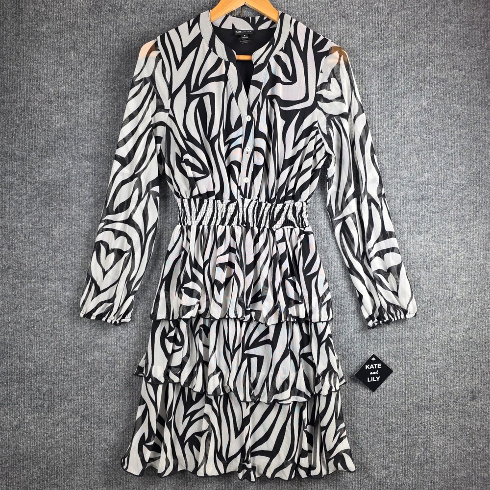 Kate and Lily 6 Zebra Mesh Tiered Dress Black White Mob Wife Sheer  Animal Print